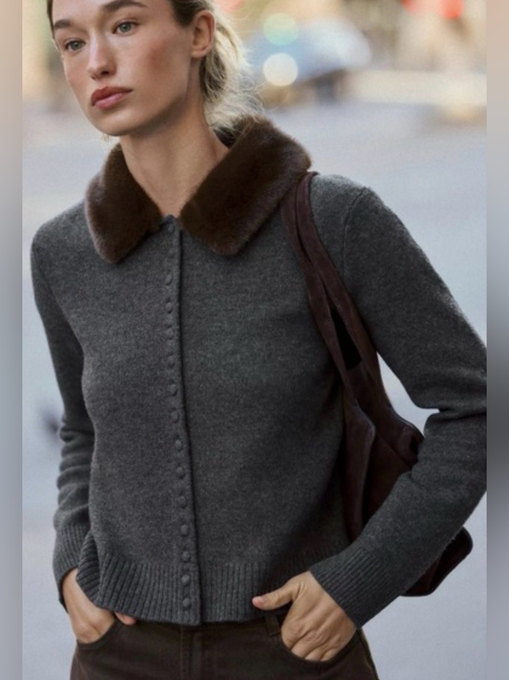 Zara Women's Gray Knit Cardigan with Brown Faux-Fur Collar